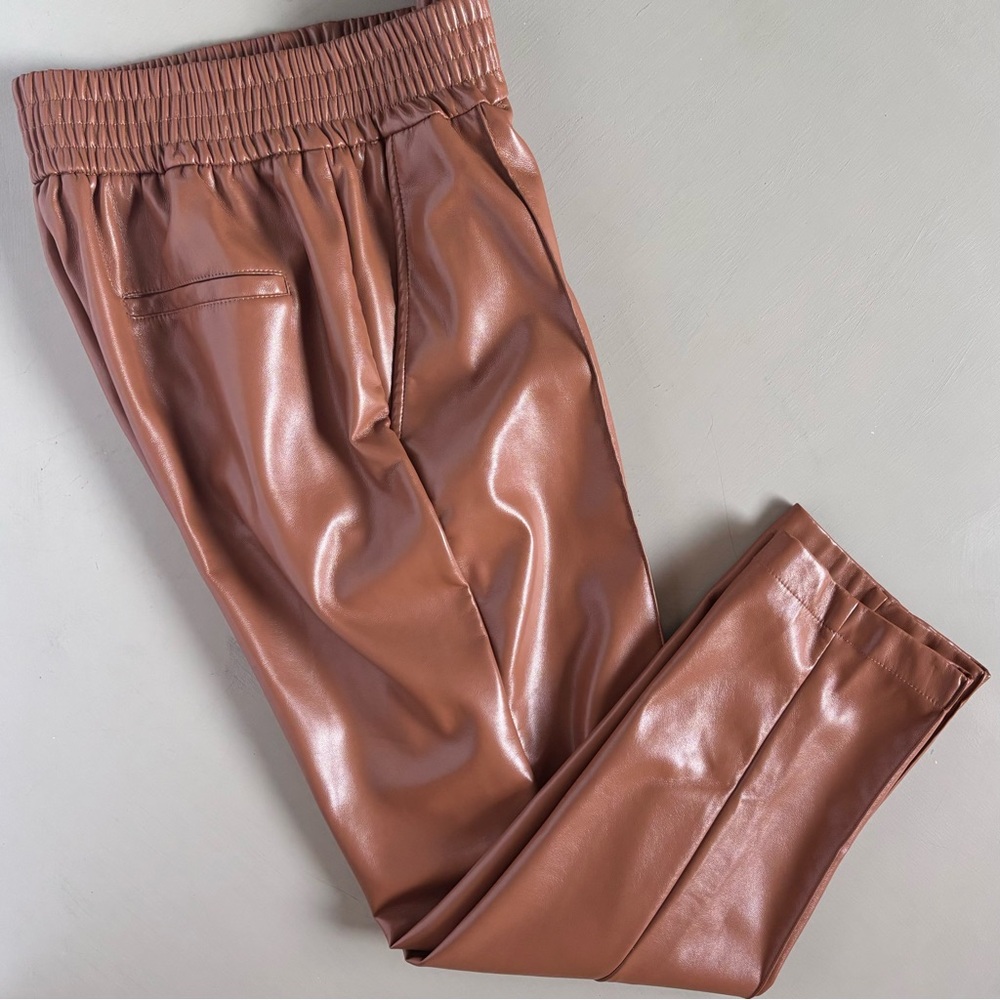 Anthropologie D' Amelie Paris Sleek Cognac Faux Leather Wide Leg Trousers Pant - Picture 2 of 12